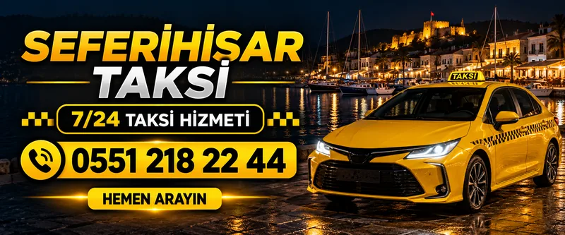 Seferihisar Taksi 7/24 · gece marina ışıkları önünde sarı taksi · 0551 218 22 44