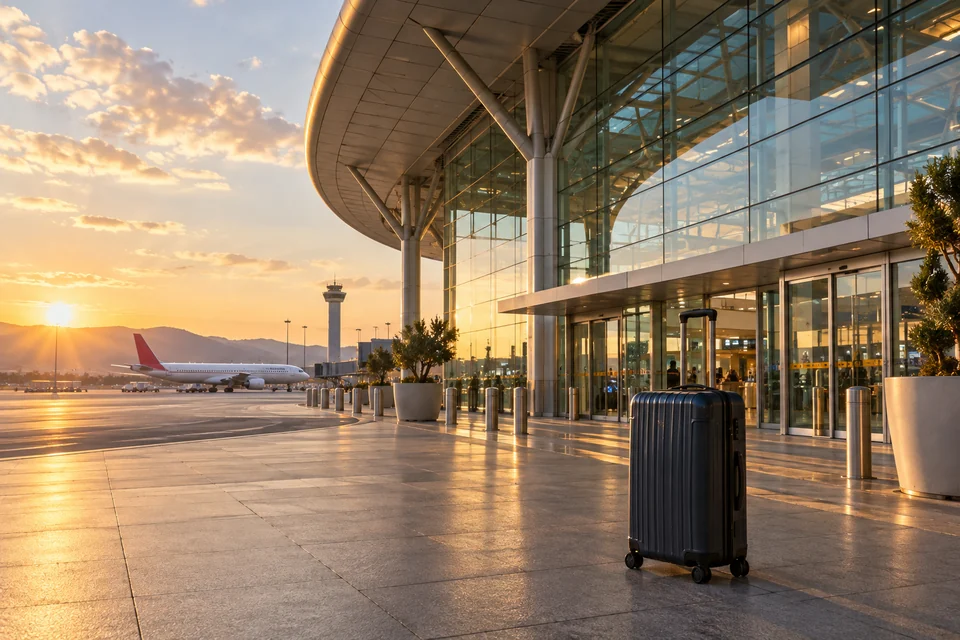 Havalimanı ulaşımını temsil eden terminal ve yolculuk valizi